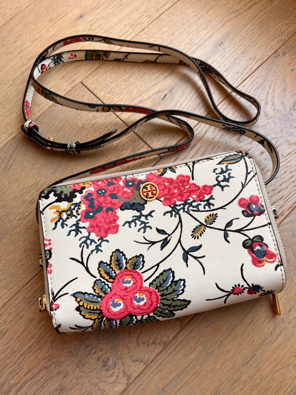Tory Burch Cream Floral Crossbody with Pink and Green Accents